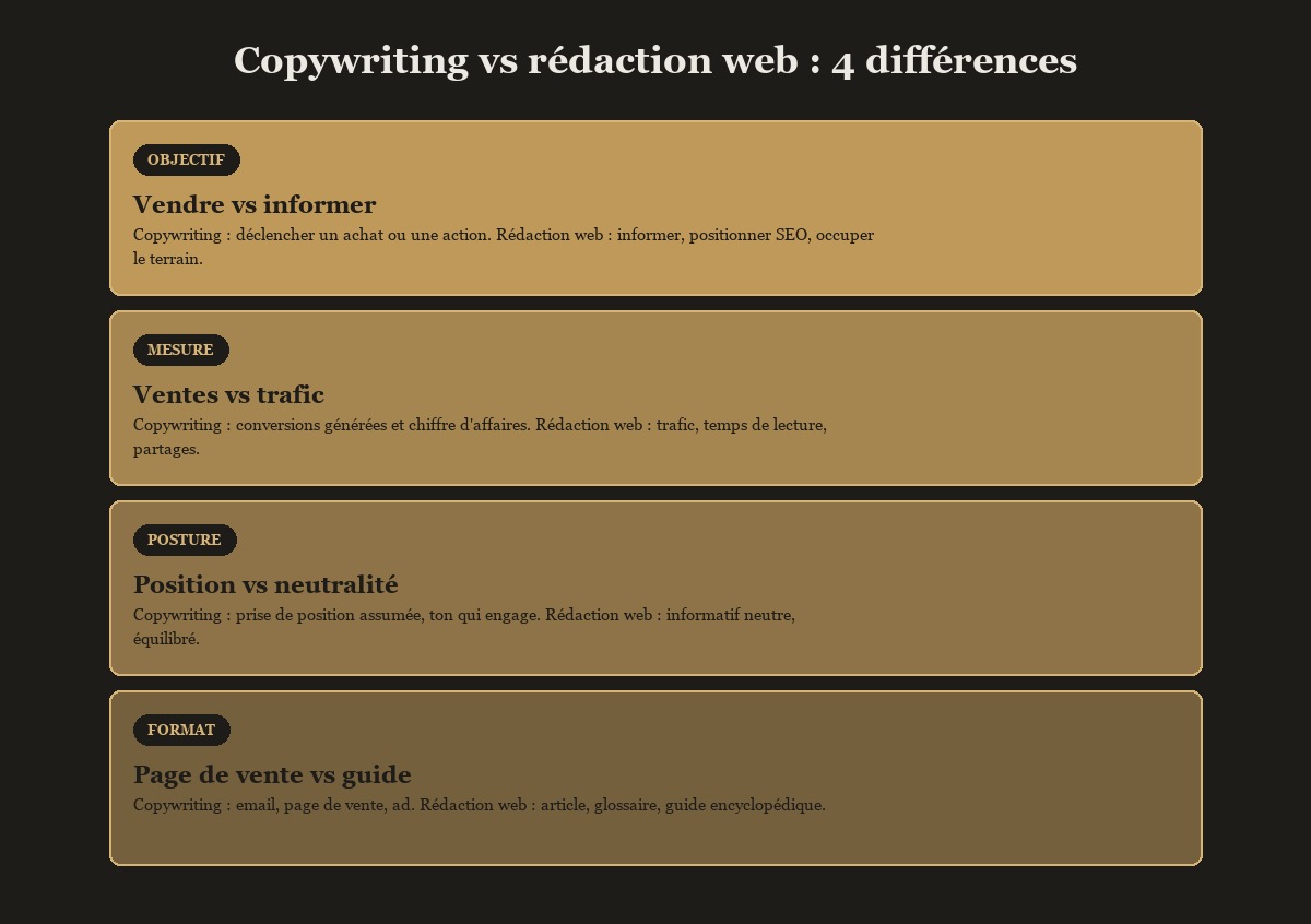 Comparaison détaillée entre le copywriting orienté vente et la rédaction web orientée information