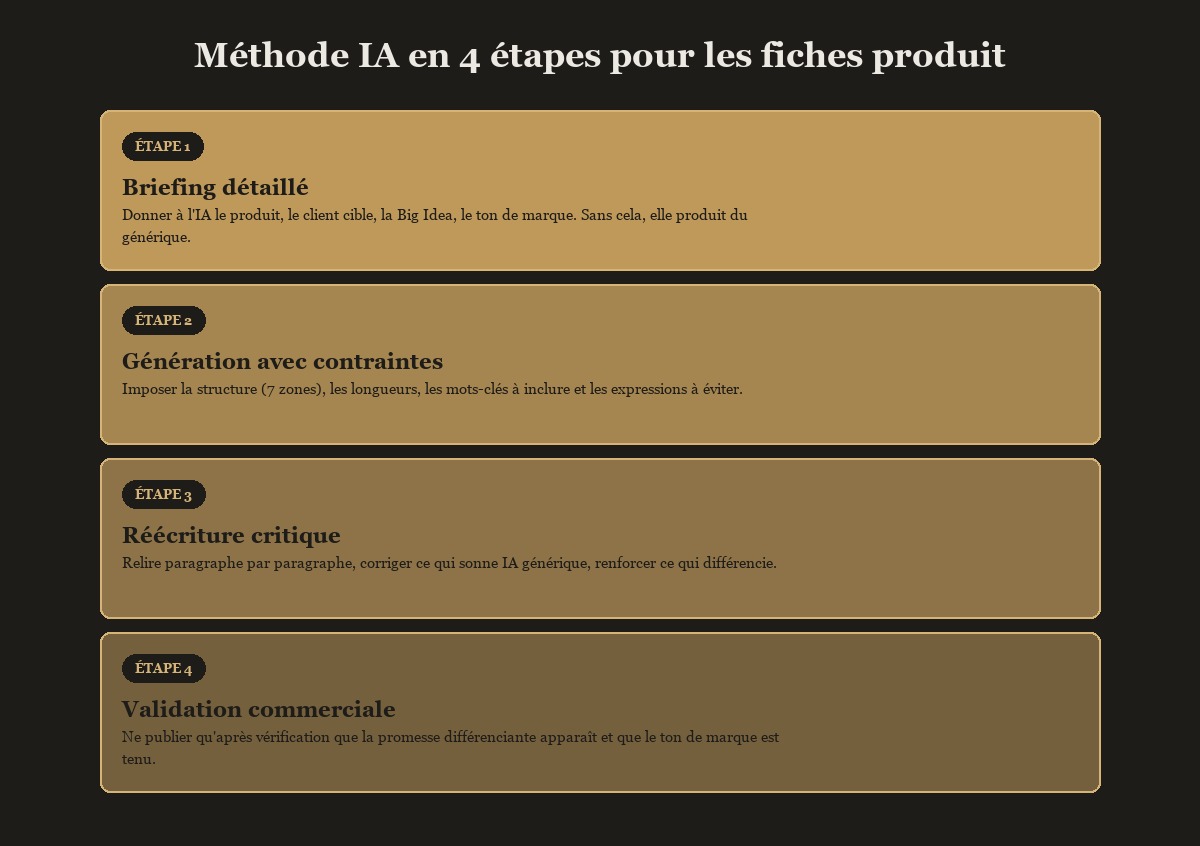 La méthode en 4 étapes : brief, génération, correction, SEO